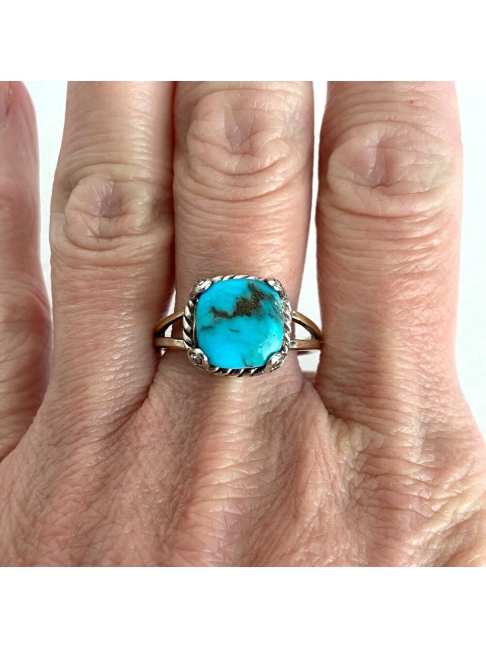 Sterling Silver 925 & Yellow Gold Vermeil Turquoise Ring Size 9.25